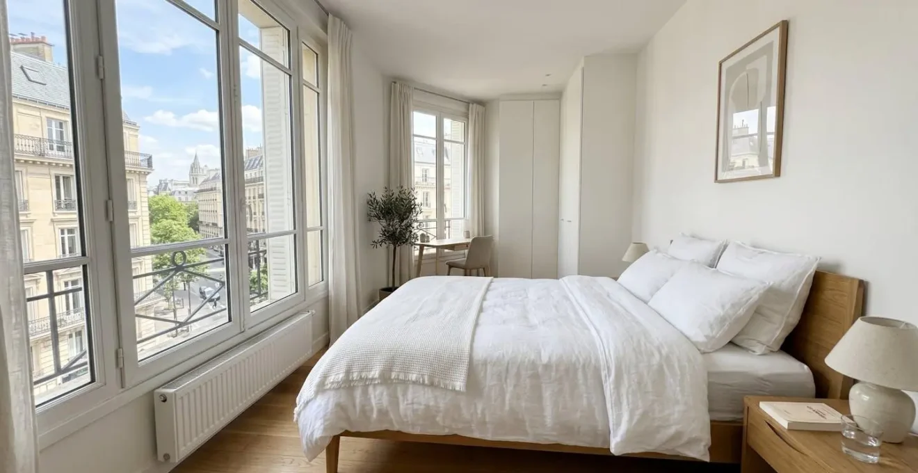 Chambre à coucher contemporaine française baignée de lumière naturelle avec lit fait et couette blanche, vue sur architecture européenne par la fenêtre