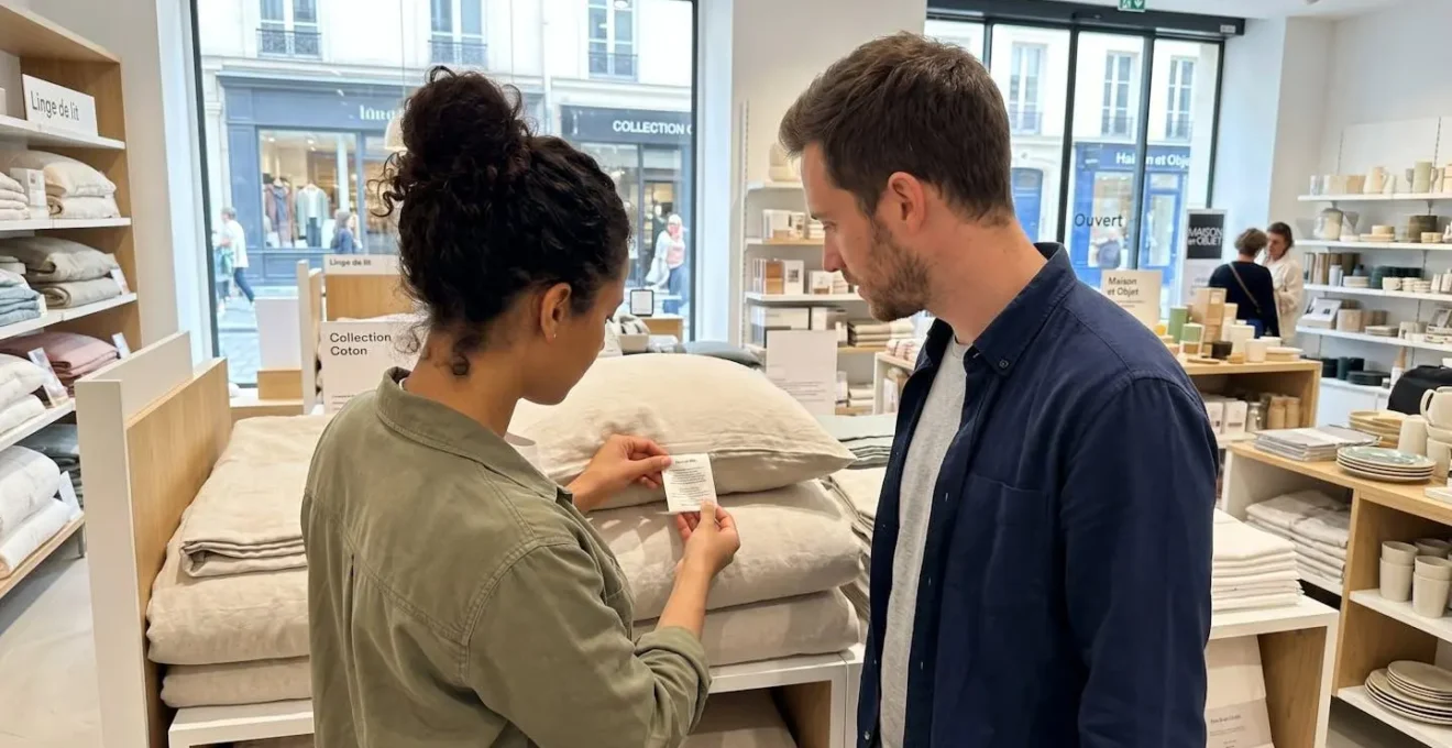Un couple vu de dos examine ensemble l'étiquette d'une couette dans un magasin de literie contemporain