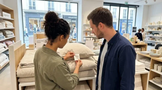 Un couple vu de dos examine ensemble l'étiquette d'une couette dans un magasin de literie contemporain